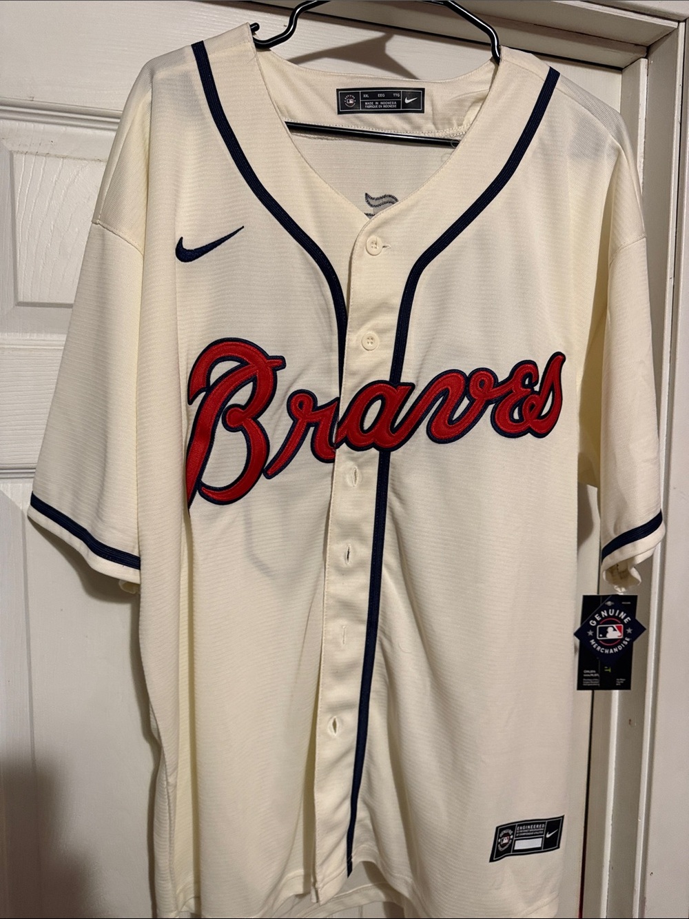 Nike Cream and Navy Atlanta Braves Replica Baseball Jersey with Red Script